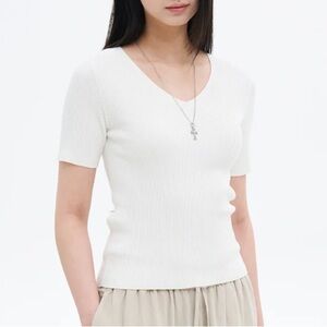 8seconds White Knit V Neck Top Short Sleeve Ribbed Shirt Size S